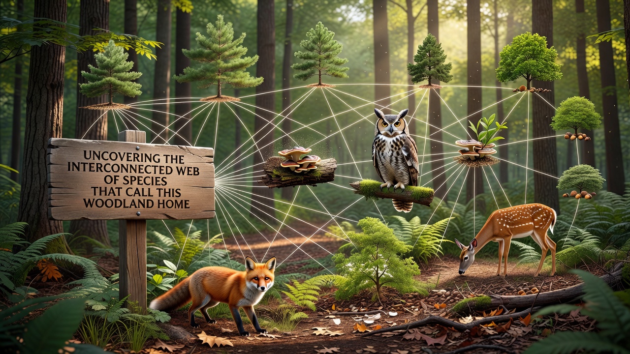 Close-up of woodland floor with fungi, insects, and small mammals demonstrating underground and surface ecological links